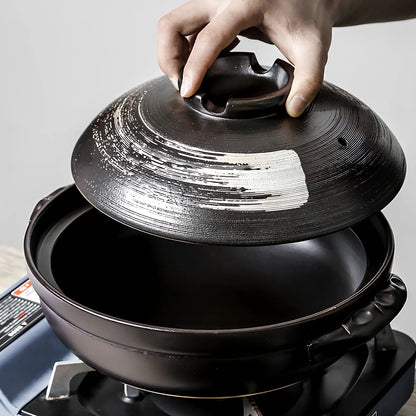 Korean ceramic stew pot with air hole lid showing 8cm depth and gas stove compatible base