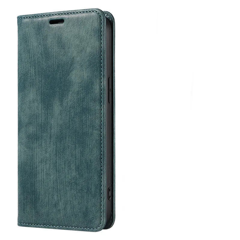Magnetic flip phone case in grey with leather finish, showing card storage compartment and slim 2mm profile for iPhone.