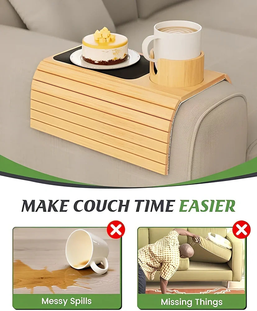 Bamboo sofa tray with cup holder on furniture, 45cm length, natural wood finish