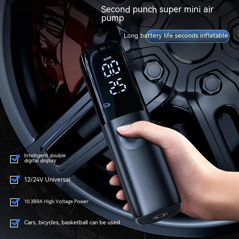 Portable electric vehicle car speed air pump for tyres, 220W power with ABS and PC construction, plug-in 12V/24V operation featuring a built-in tyre pressure gauge in black colour for quick and convenient inflation