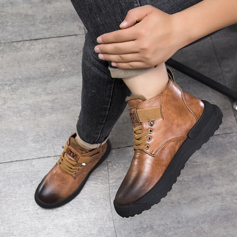 Men's black high-top platform Martin boots with a velvet-like PU upper and rubber sole.