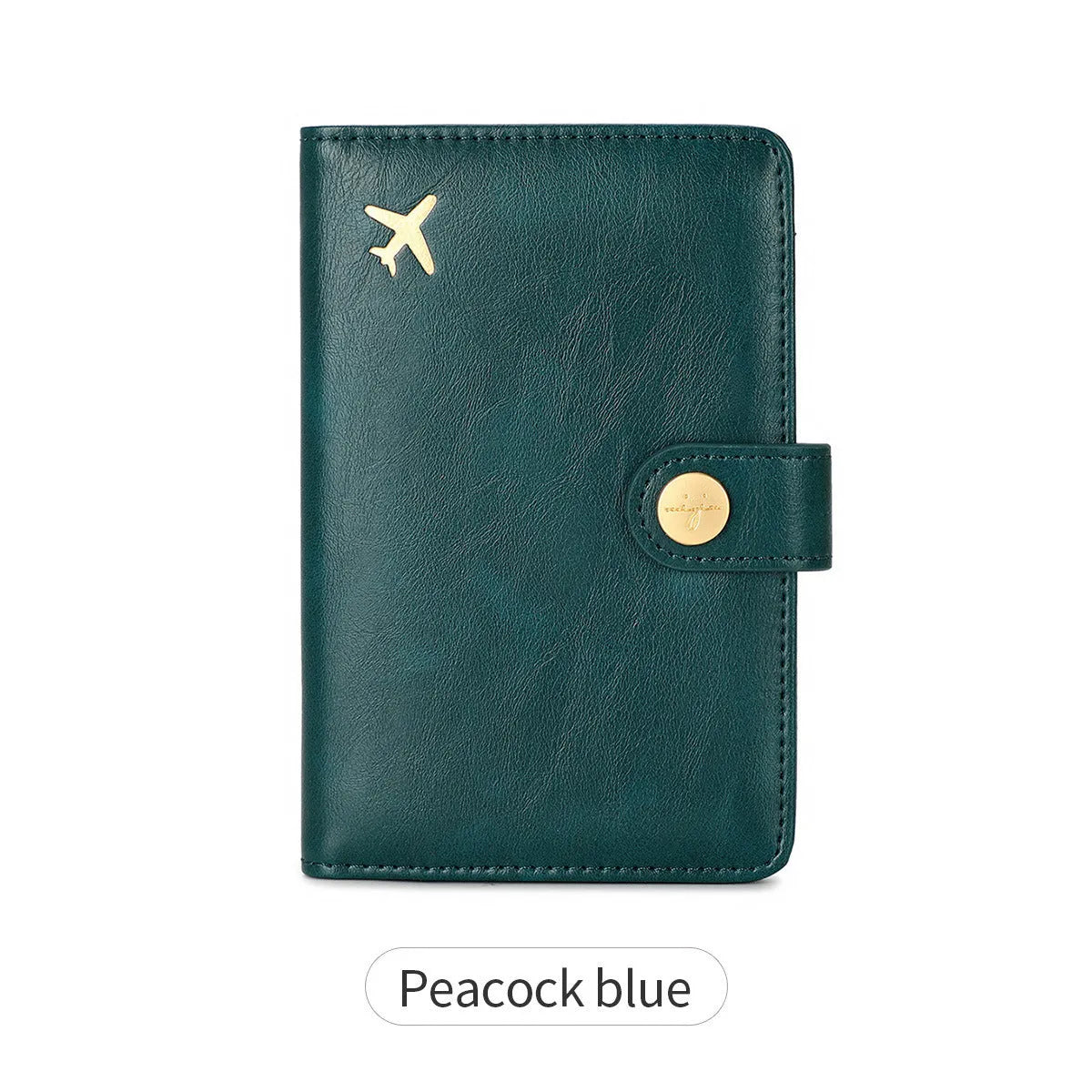 Simple PU leather passport holder in sapphire blue with visible sewing lines, showing card slots and RFID protection.