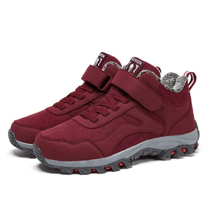 Women's high-top walking shoes with fleece lining and synthetic leather upper in maroon colour