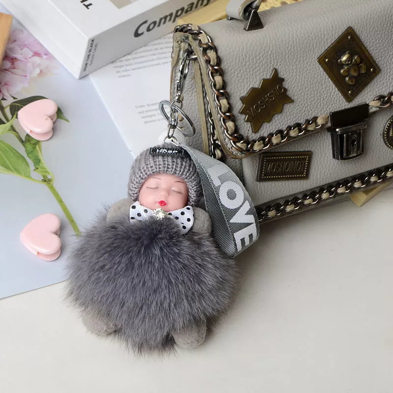Hand-woven fox fur sleeping doll keychain pendant with optional bow