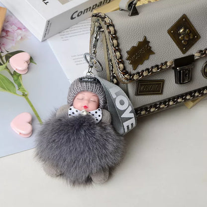 Hand-woven fox fur sleeping doll keychain pendant with optional bow