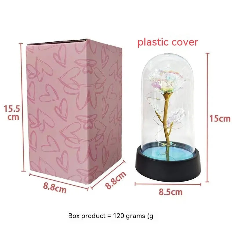 Glass cover small night lamp with plastic flowers, 15cm height, black base, and multiple light colour options