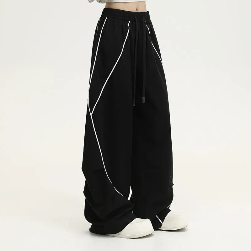 Black stripe pattern pleated hip hop sports wide-leg trousers with mid-waist fit