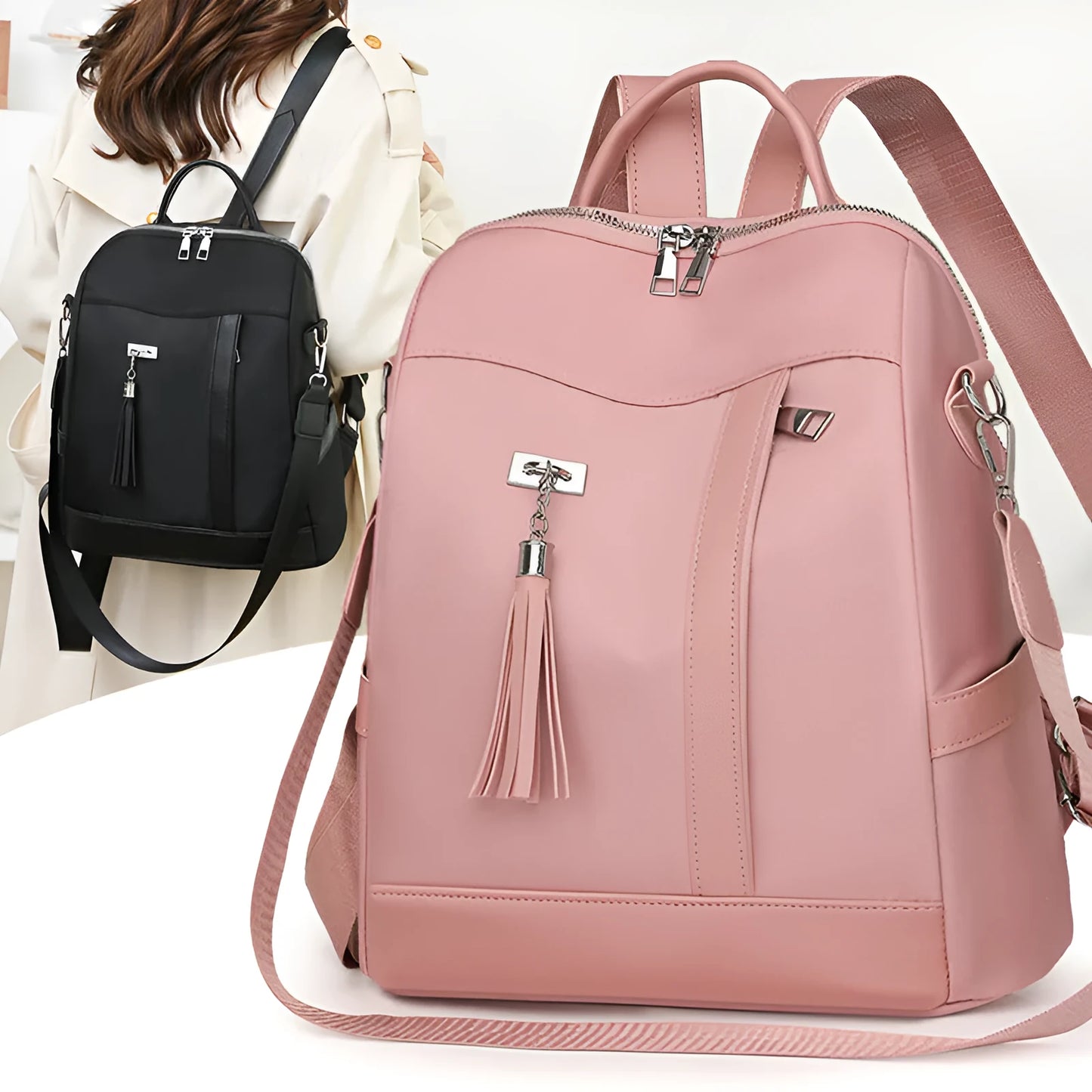 Soft PU commute backpack in light pink colour showing mobile phone pocket and three-dimensional storage design