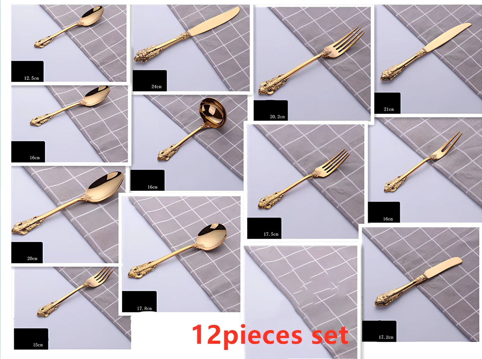 Four-piece stainless steel cutlery set showing main knife, fork, spoon, and teaspoon with mirror finish