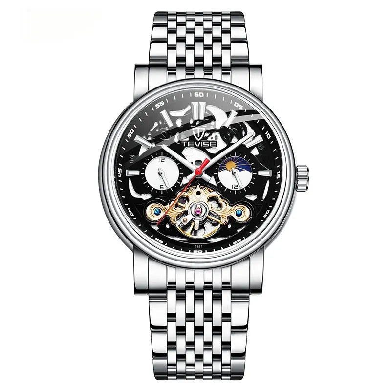Men's tourbillon mechanical watch showing 16.5mm thickness with luminous hands and waterproof construction