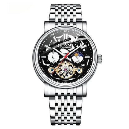 Men's tourbillon mechanical watch showing 16.5mm thickness with luminous hands and waterproof construction