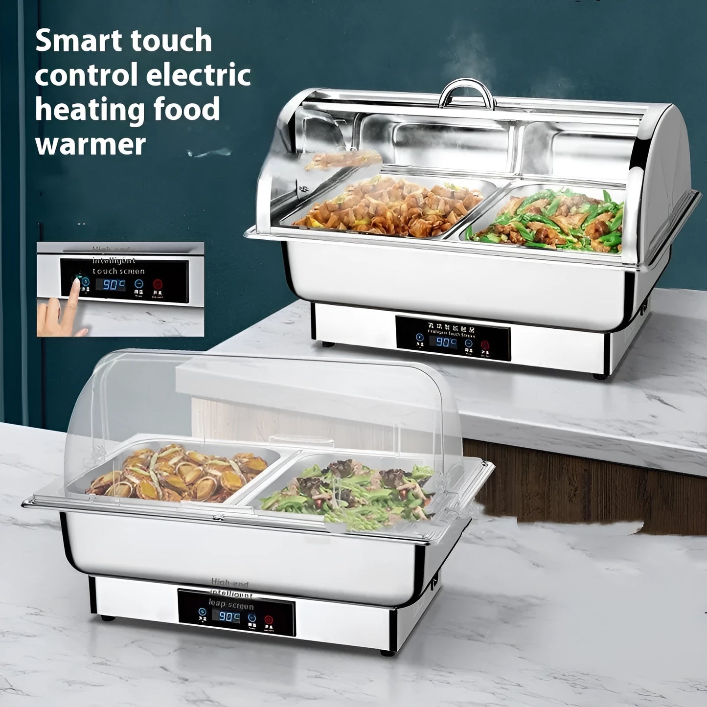 Stainless steel electric buffet stove with transparent visible interior and LCD temperature control screen