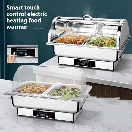 Stainless steel electric buffet stove with transparent visible interior and LCD temperature control screen