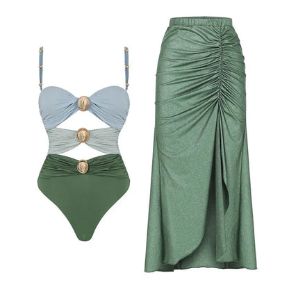 Women's high-waisted bikini swimsuit in yellow two-piece and green one-piece styles