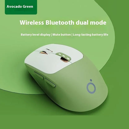 Mute wireless Bluetooth computer mouse in Matcha Green colour on a desk, showing its compact size and 5-button layout.