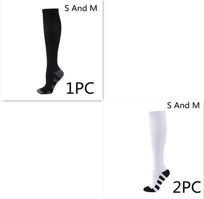 Athletic compression socks with three-bar design in black, pink, and white