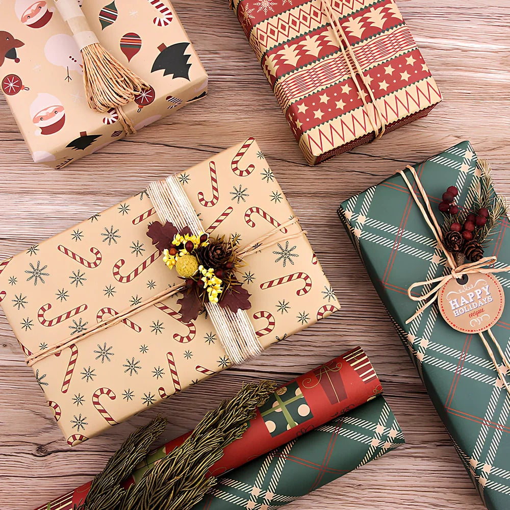 Vintage Christmas kraft wrapping paper showing one of six designs with 80g weight specification