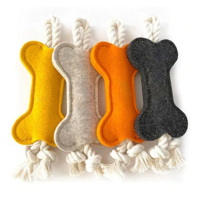 Durable felt bone shaped dog toy with rope knots, in blue colour, for chewing and puzzle play.