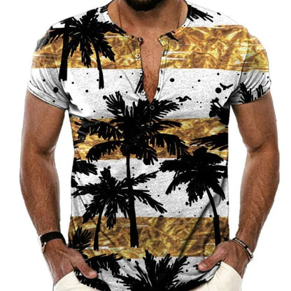 Men's grey 3D print pattern short sleeve polo shirt with lapel collar on a mannequin.