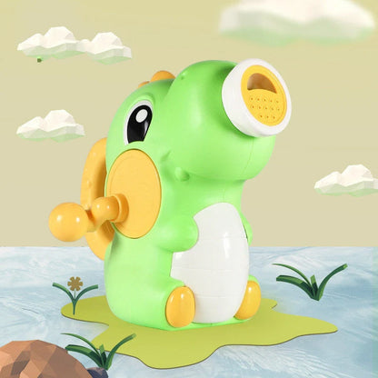 Dinosaur-shaped baby bath toy with dual water spray modes in vibrant colors