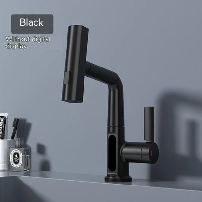Modern digital display kitchen tap with pull-out spray hose showing LED temperature screen.