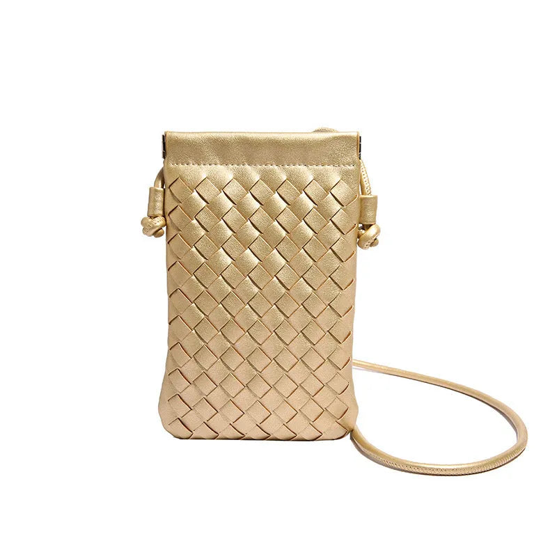 Vertical square vintage weave crossbody bag in multiple colours showing internal dark cell phone pocket.