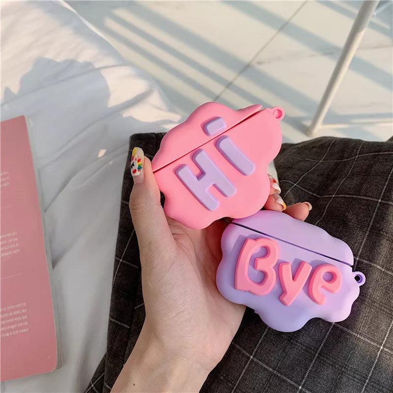 3D HI BYE Cloud Letter Cartoon Silicone Case for AirPods in pink and purple