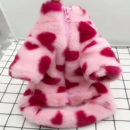 Polyester plush coat for small dogs in British style with fleece lining, shown in pink colour