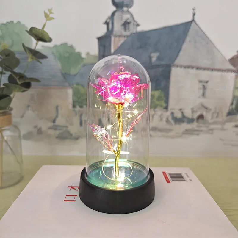 Glass cover small night lamp with plastic flowers, 15cm height, black base, and multiple light colour options