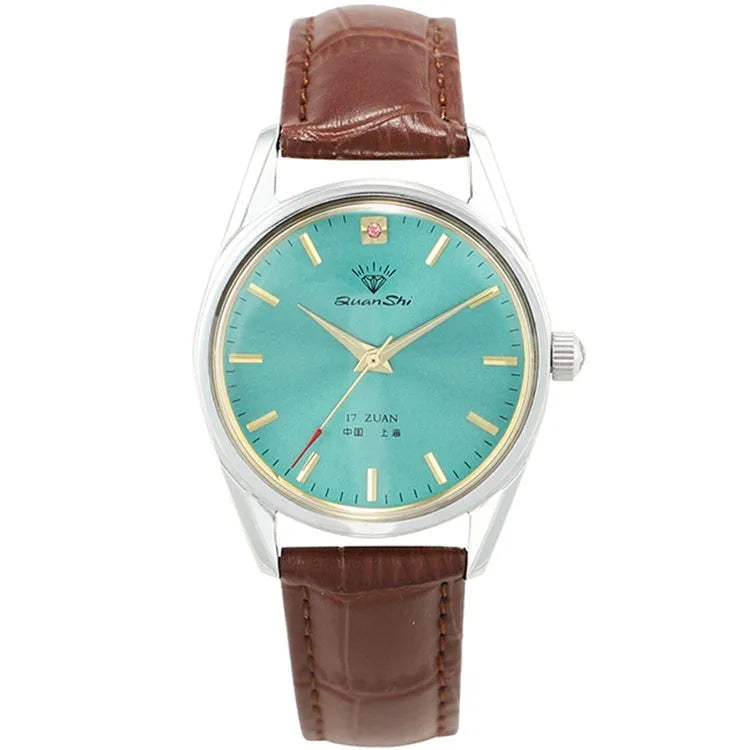 Men's watch with quartz movement and green dial available in black leather strap, coffee leather strap, solid steel strap or spring strap options with 38mm alloy case diameter for casual and formal wear