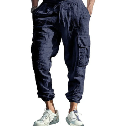 Men's linen trousers with ankle ties and multiple pockets in solid colour