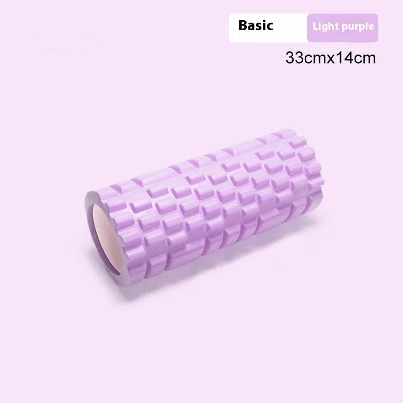 EVA foam roller in black, grey, pink, sky blue, or light purple, showing cylindrical shape for fitness recovery