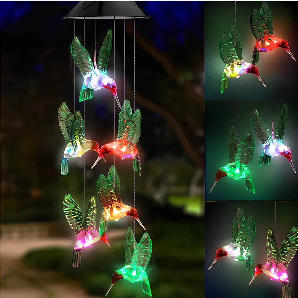 Solar-powered wind chime garden lamp with hummingbird design, automatic day-night operation, waterproof construction