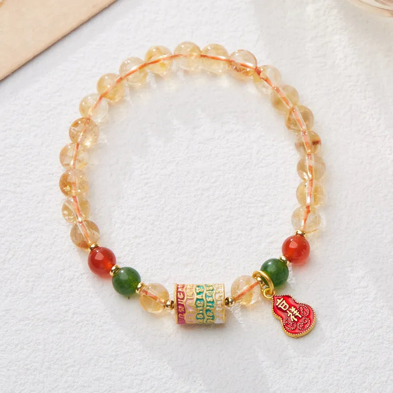 Citrine Five Sutra Bracelets, a unisex hand-woven crystal bracelet featuring a 6mm citrine stone, geometric shapes, and five-warp braided design for peaceful and auspicious gifting on travel occasions or as a fresh style accessory.