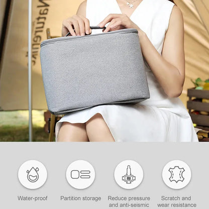 Grey Oxford cloth HY300 projector storage bag, 230x135x195mm, crossbody carry case with curved shoulder strap and lock