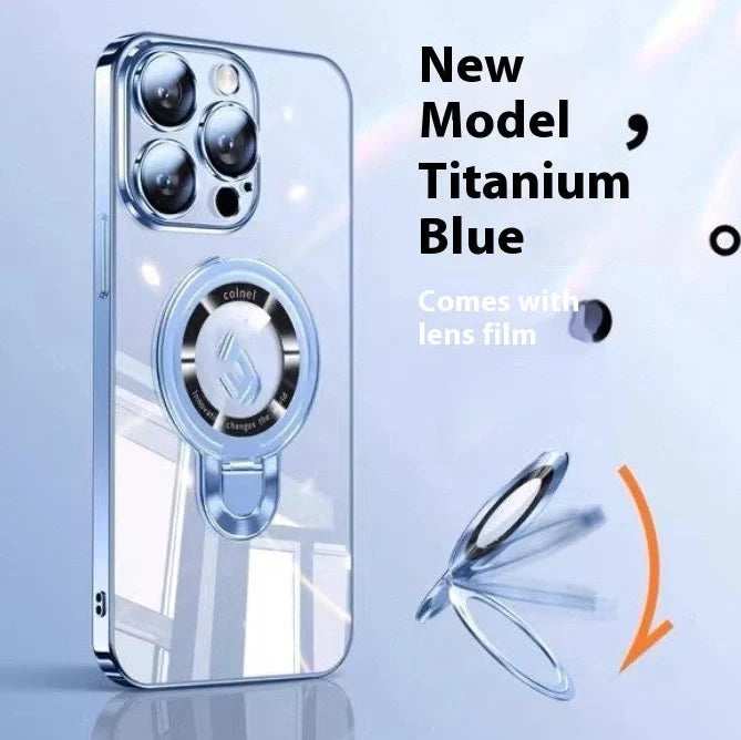 Desert gold electroplated iPhone 17 case showing 360-degree rotating bracket extended and magnetic back surface