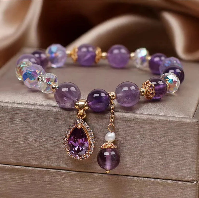 Purple natural amethyst crystal bracelet for women with micro inlay setting.