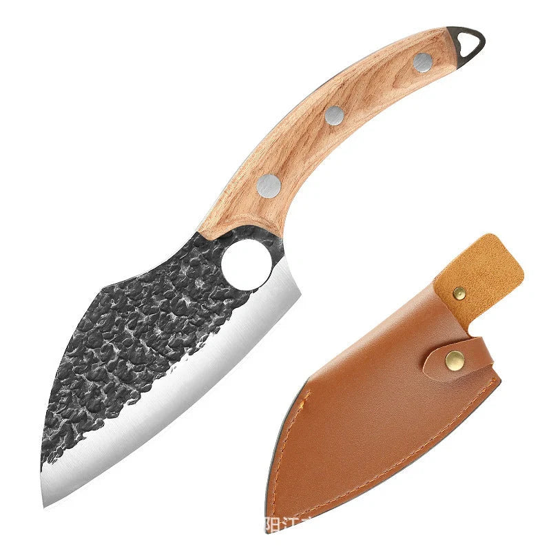 Rugged high-carbon steel outdoor folding knife with antique-inspired hammer pattern design and protective leather sheath