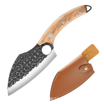 Rugged high-carbon steel outdoor folding knife with antique-inspired hammer pattern design and protective leather sheath