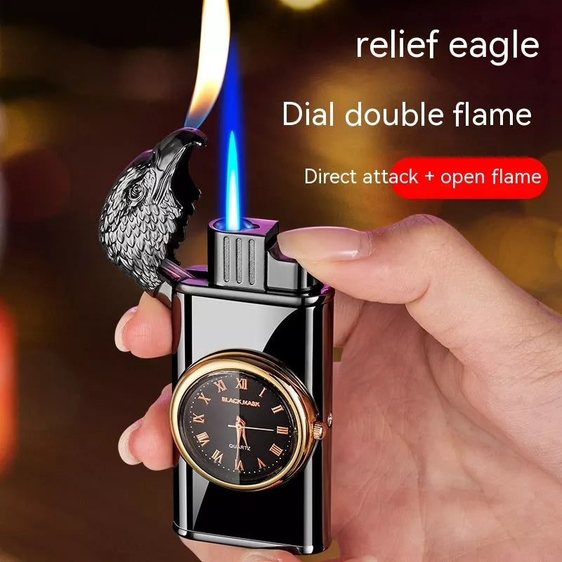 Eagle Head Double Fire Gas Lighter with watch plate design in Black Ice finish