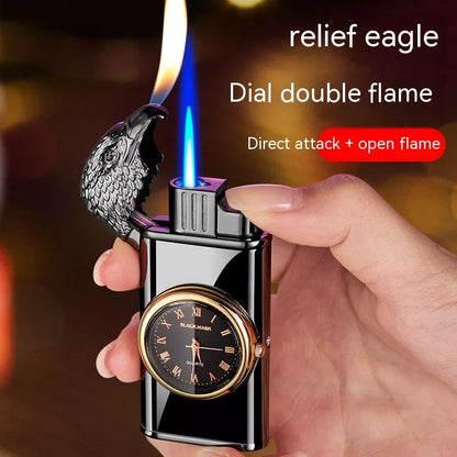 Eagle Head Double Fire Gas Lighter with watch plate design in Black Ice finish