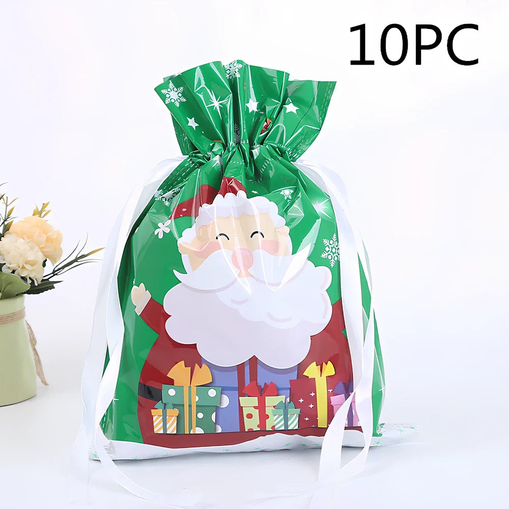 Christmas gift bag with drawstring closure in laser gold finish, 32x24cm dimensions