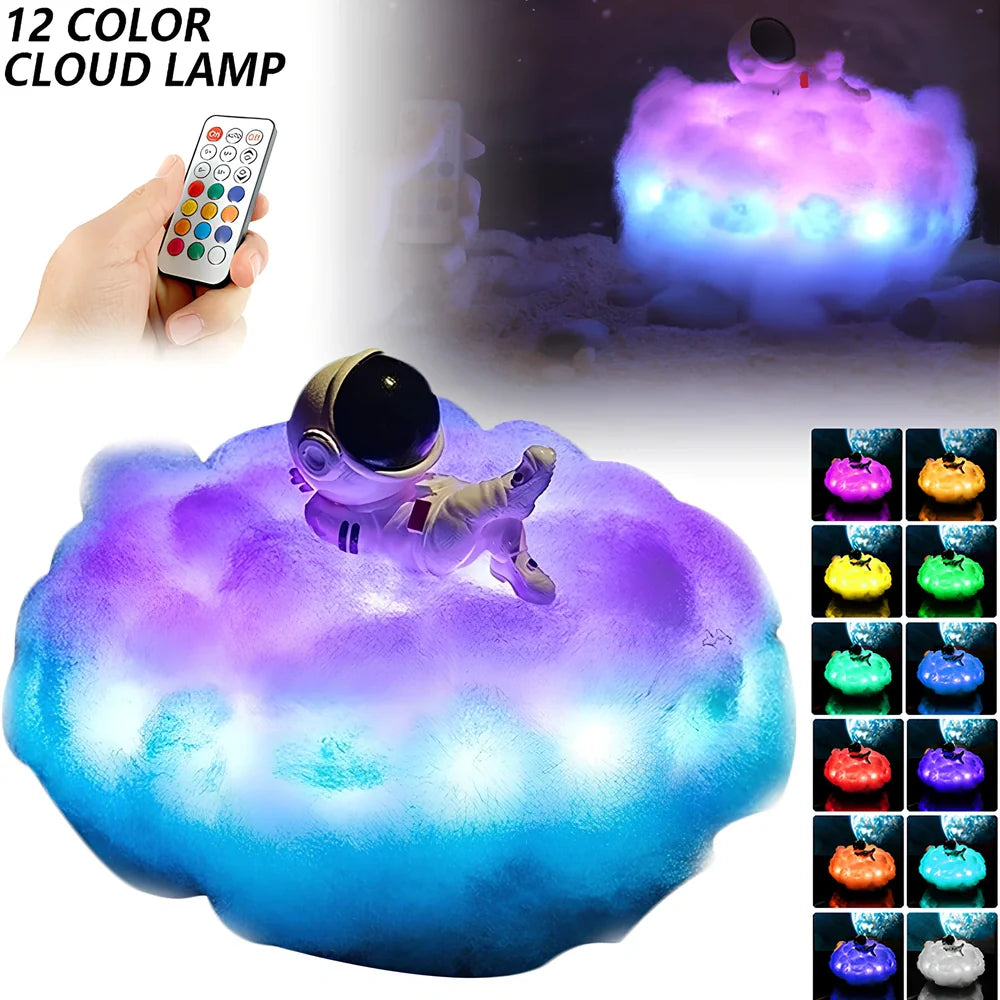 LED colourful clouds astronaut lamp with rainbow effect on wooden stand