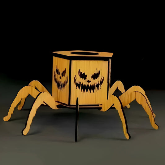 Tall wooden Halloween candlestick with spider cut-out illuminated by a safe, integrated LED light.