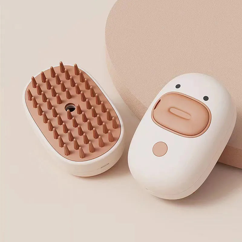 White or yellow pet steam brush with silicone comb teeth, rechargeable spray, and water tank for grooming cats and dogs