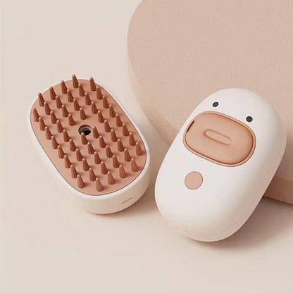 White or yellow pet steam brush with silicone comb teeth, rechargeable spray, and water tank for grooming cats and dogs