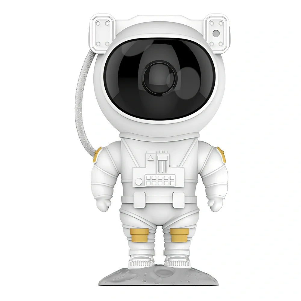 White astronaut-shaped night light projecting star patterns on ceiling with remote control