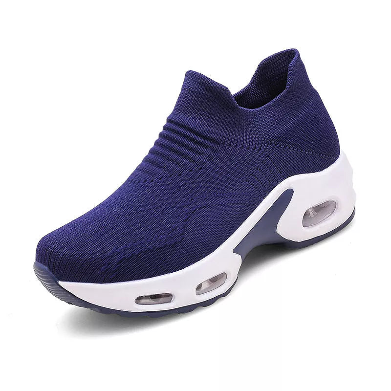 Korean air cushion sports shoes in blue, grey, black, and purple with ventilation and shock absorption features
