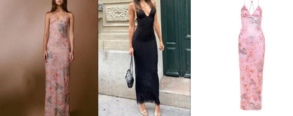 Chic floral halter dress with butterfly-inspired back, available in various vibrant colors and sizes