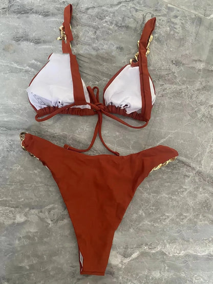 Brown tube-top push-up bikini swimsuit with ring tether detail and split style bottom for women's swimming